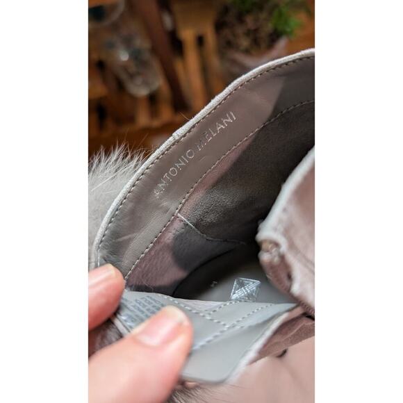 Antonio Melani Grey Leather Suede Fox Fur Pom Pom Ankle Boots Heel Womens 6M - Picture 9 of 10